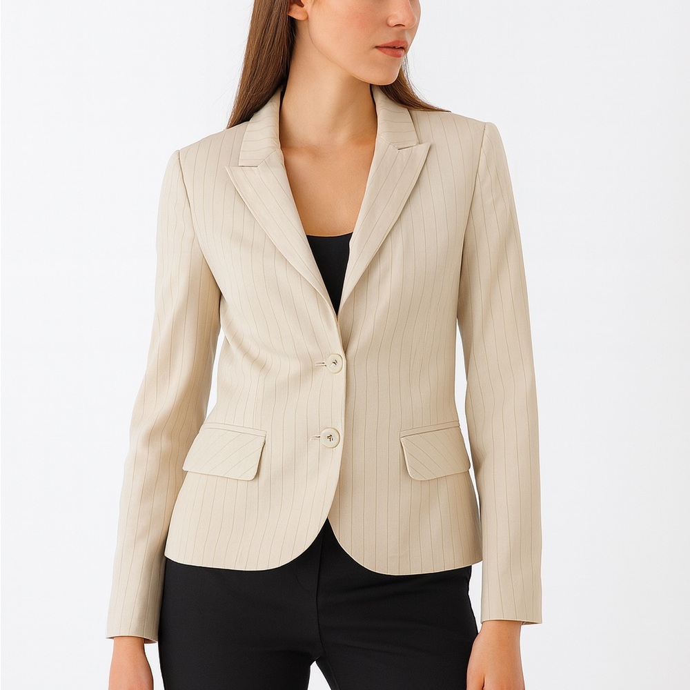 100% Silk Kate Hill Cream Pinstripe Blazer Jacket Size 10P Career Office Work